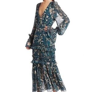 Amur Dress Womens Size 2 Teal Rhea Silk Midi Floral Ruffle Blue Boho Fairy Gown
